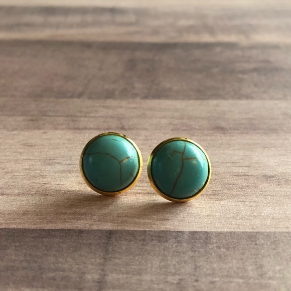 Turquoise Stone Gold 12mm Stud Earrings! - Picture 8 of 14
